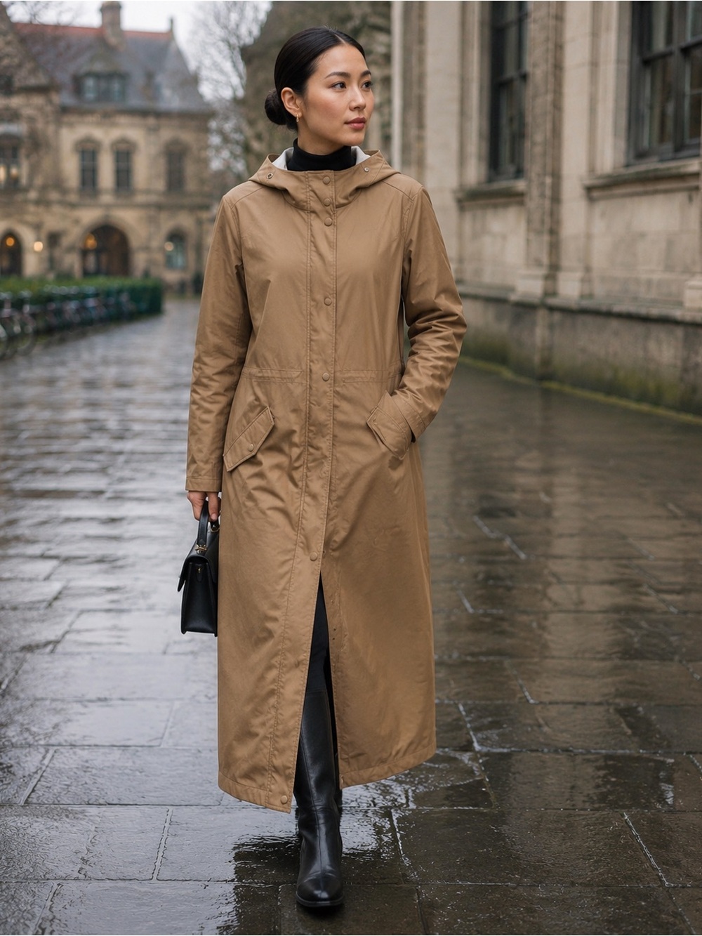 Excellent Condition Vero Moda Camel Faux Leather Hooded Trench Coat